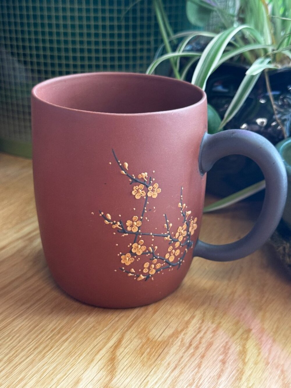 Yixing Zisha Stoneware Red Clay Pottery Mug with Handle, Plum Blossoms